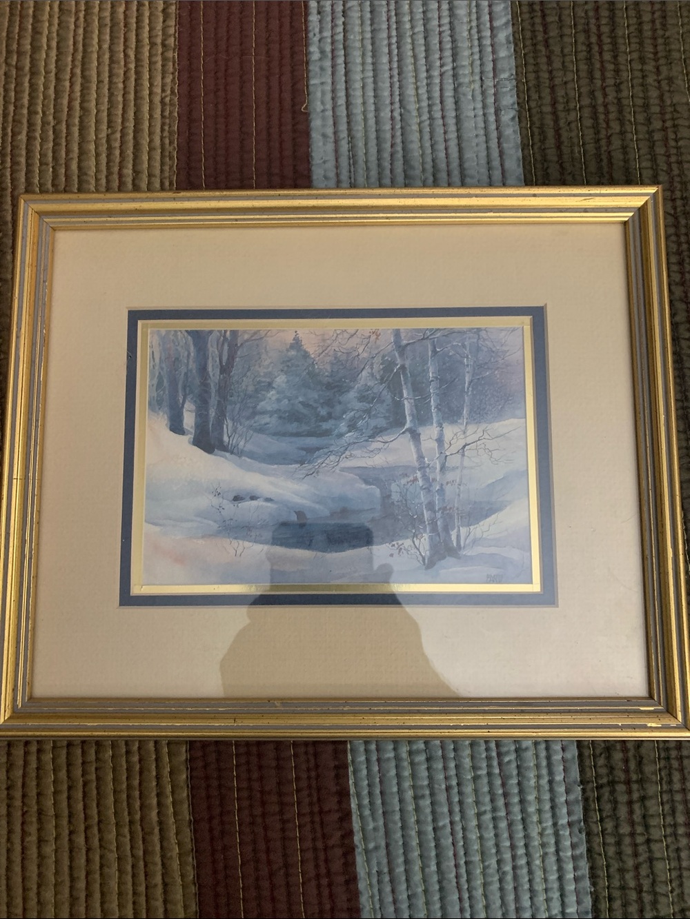 Bartz ( signed) Framed Winter Landscape Watercolor Print in Gold Frame